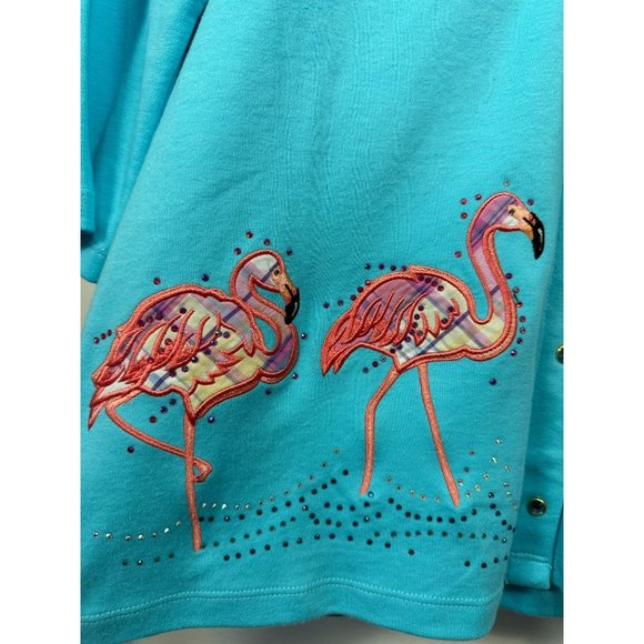 NWT Quaker Factory Medium Top Cardigan Flamingos Blue Button Up 3/4 Sleeve - Picture 10 of 15